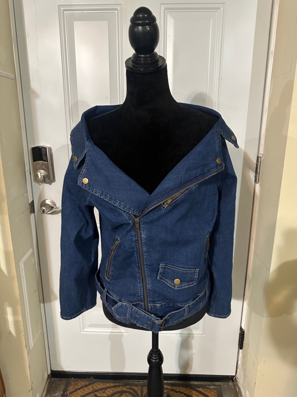 Fashion Nova Navy Blue Off-Shoulder Denim Moto Jacket